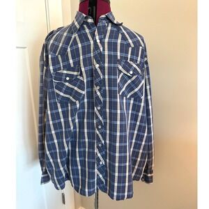 Real Work Wear Original Mens XLT Blue Plaid Pearl Snap Western Shirt Long Sleeve